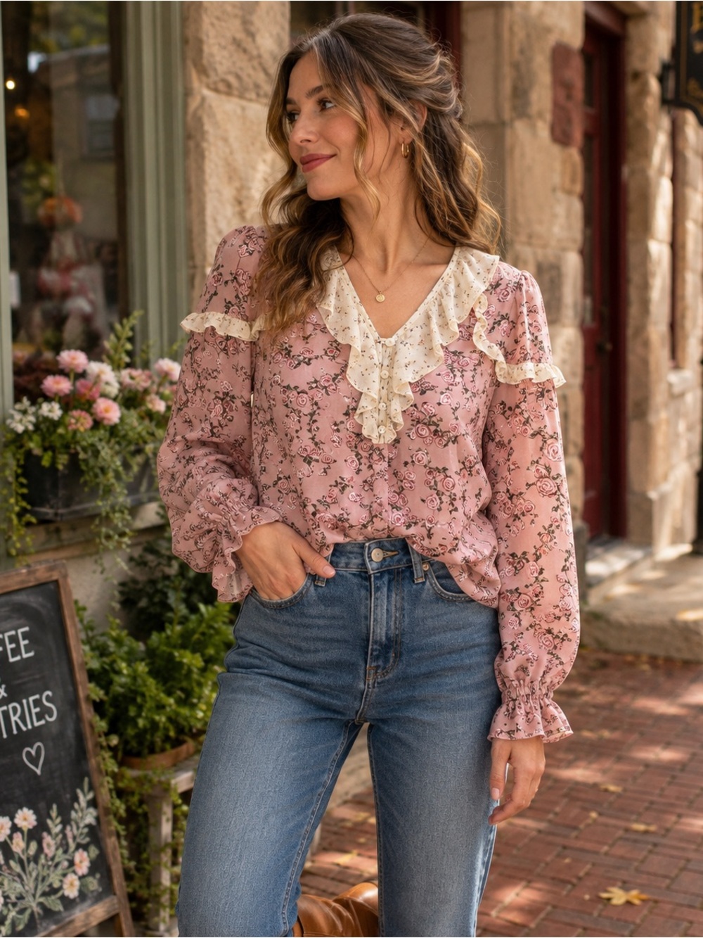 DR2 Pink Rose Floral Ruffle Blouse Small Cottagecore Romantic Boho